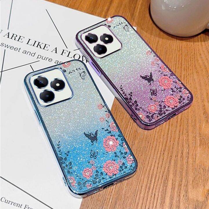 เคสกลิตเตอร์สำหรับ-realme-c53-c55-c33-c35-4g-nfc-realmec53-2022ซิลิโคน-tpu-ยืดหยุ่นฝาหลังอ่อนนุ่มเคสกันกระแทกมือถือแวววาวปกป้องดอกไม้ไล่ระดับสี