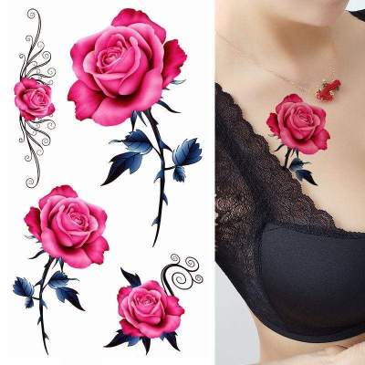 Internet celebrity pink rose 3D tattoo stickers waterproof female long-lasting sexy chest collarbone calf advanced charm stickers