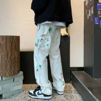 White Painted Speckler Jeans Mens Street hippop Korean Trend Vintage Broad leg Dady Pants