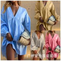 [COD] Foreign trade womens 2021 autumn new independent station hot style V-neck and linen long-sleeved dress women