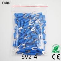 [HOT] SV2-4 Blue Furcate Cable Wire Connector 100PCS/Pack Furcate Pre-Insulating Fork Spade 16 14AWG Wire Crimp Terminals SV2.5-4 SV