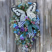For Front Door New Home Wall Hanging Art Decoration Artificial Wreath Rose Butterfly Wreath Spring Summer Wreath