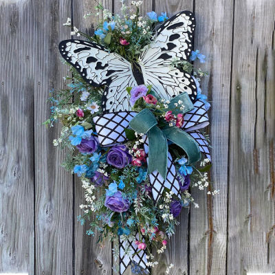For Front Door For Home Living Room Home Wall Hanging New Spring Ring Rose Butterfly Wreath Artificial Wreath