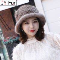 {Hat Shop} หมวกมิงค์สีทึบหมวกผู้หญิงฤดูหนาวพร้อมหมวกขนมิงค์ดอกไม้ธรรมชาติใหม่ของสาวรัสเซียนุ่มถักขนสัตว์จริงหมวกทรงถังให้ความอบอุ่น2023