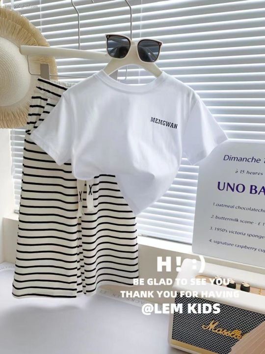 baby-girls-fashion-2-sets-new-girl-han-edition-letter-short-sleeved-summer-stripes-wide-legged-pants-leisure-suit