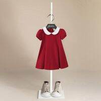 Kid Girl Dresses Red Button Design Short Sleeve Doll Collar Kids Dress Round Breathable Slim Fit A-Line Dress Girls Clothes