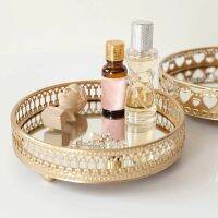 1Pc Golden Color Delicate Jewelry Storage Tray Glass Mirror Base Bedroom Desktop Cosmetic Decorative Perfume Storage Box JU0068