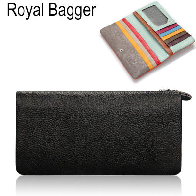 TOP☆Royal Bagger Long Wallet Purse For Women Girls Genuine Cow Leather Fashion Zipper Clutch Bag Handbag Cool Multifunction Casual Purse