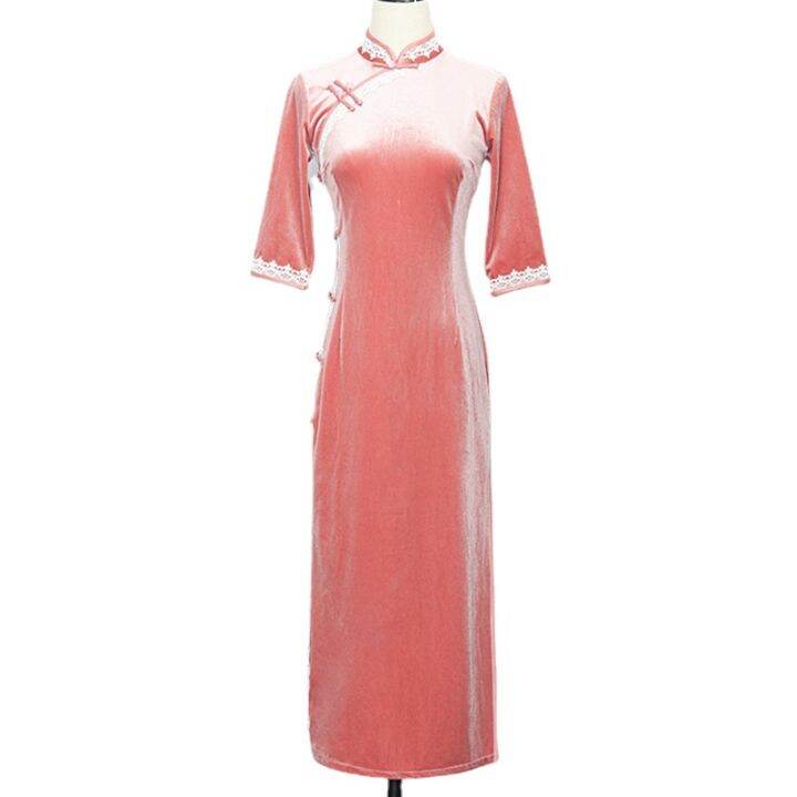 cheongsam-กำมะหยี่สีชมพูทองเด็กสาวยาวจีนชุดดัดแปลงที่สง่างาม