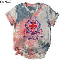 HONGZ เสื้อยืดแขนสั้นลายธงกาญจนาภิเษกเสื้อมัดย้อมราชินีอลิซเบธยูเนี่ยนแจ็คผู้หญิง