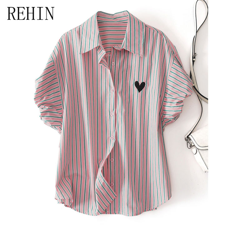 rehin-เสื้อเชิ้ตแขนสั้นคอปกกระโปรงลายทางแนวตั้งผู้หญิง-เสื้อปักหัวใจและแขนพองหลวมลำลองฤดูร้อน