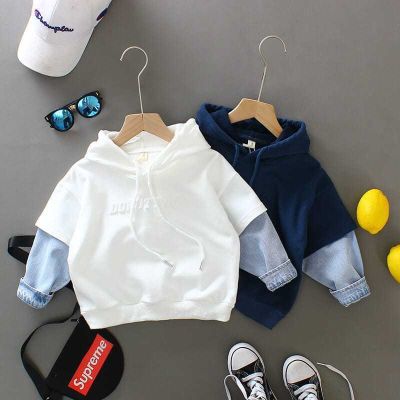 [COD] Boys hooded sweater 2023 autumn fake two-piece childrens Korean style tops boy trendy brand hoodies foreign