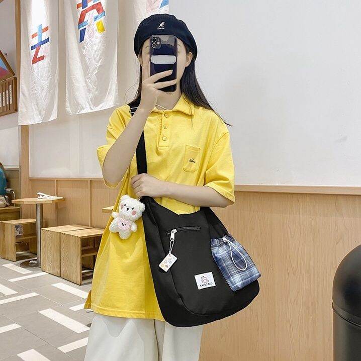 koreafashionshop-kr1726-กระเป๋าสะพายข้างป้าย-kai-bo-bag-ช่องใสของลายสก็อต-ใบใหญ่-มีพวงกุญแจแถมให้