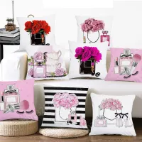 Tide Brand Perfume Bottles Pillowcase Peach Skin Home Decor Cushion Cover Sofa Pillow Case Hand Paint Flowers Sofa Throw Pillows