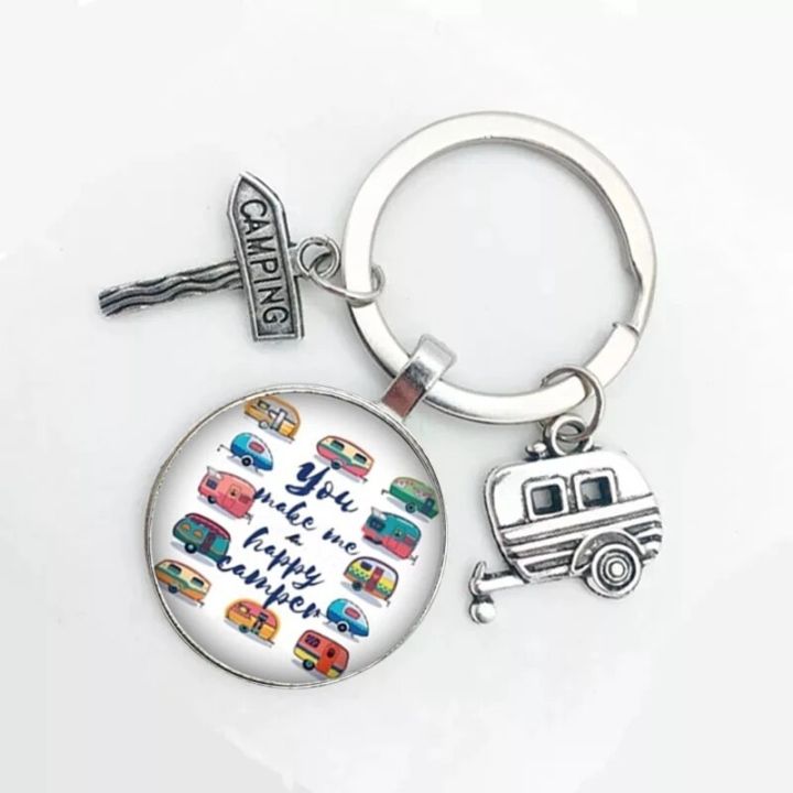 happy-camping-cute-caravan-i-camping-car-key-road-sign-keychain-glass-cabochon-traveler-hobby-keychain-goddess-charm-wholesale-key-chains