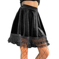 Women Lace Patchwork Skirt, Solid Color High Waist A-line Short Skirt Harajuku Goth Style Skirt