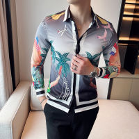 Men Long Sleeve Shirt Dress Casual Buttons Down Slim Fit Male Hawaiian Printed Shirts Blouse Club Prom Mens Korean Social Shirt