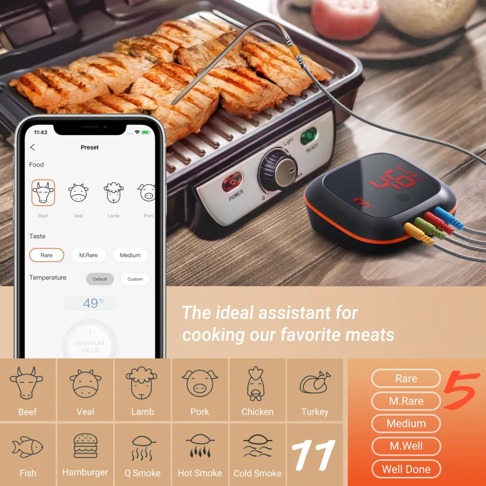 INKBIRD Wireless Bluetooth Grill BBQ Meat Thermometer with 4 Probes IBT-4XS