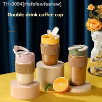 ✑❇∏ rfefefewfeerew Caneca de café vidro portátil 360ml/520ml com tampa e palha dupla finalidade copos latte gelado à prova vazamento-copo água presentes