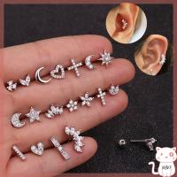 NBVF 1PC ผู้หญิง ผู้หญิง กระดูกอ่อน Helix Tragus มงกุฎดอกไม้ข้าม ต่างหูสตั๊ด CZ เจาะหู เครื่องประดับร่างกาย สีเงิน สีทอง