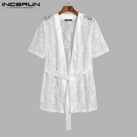 (Homewear) Mens Floral ลูกไม้ Nighshirt เสื้อคลุมอาบน้ำแขนสั้นดูผ่านชุดเสื้อนอน