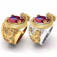 Cincin naga tiga dimensi 3D berukir Cincin Motif Naga Warna Gold untuk PriaMens Sliver Domineering Dragon Rings