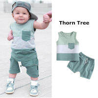 Thorn Tree 2 ชิ้นเด็กทารกกางเกงขาสั้นชุดเย็บปะติดปะต่อกันแขนกุดคอลูกเรือเสื้อกล้ามกางเกงขาสั้นกับกระเป๋าเสื้อผ้าชุดชุด 0-5Y