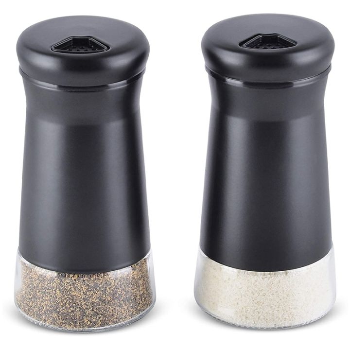 The Original Salt and Pepper Shakers set - Black -Spice Dispenser with  Adjustable Pour Holes - Stainless Steel & Glass - Set of 2 Bottles