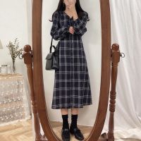 MUKOK Korean Fashion Plaid Long Sleeve Midi Dress Womens Midi Dresses