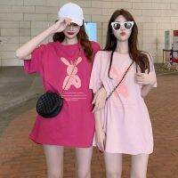 Triple A Oversized shirt women Cartoon print T-shirt short sleeves Pink Girlfriends Mid-length Loose Top V729