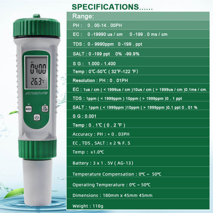 rcyago-เครื่องวัดความเป็นกรด-ด่างของน้ำ-พีเอชมิเตอร์วัดความเค็ม-hima-มิเตอร์วัดความเค็มสำหรับน้ำดื่มตู้ปลาบ่อน้ำ6อิน1