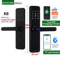 RAYKUBE K8 สมาร์ทประตูล็อค TTlock บลูทูธ/Tuya WiFi รหัสผ่านลายนิ้วมือ 13.56MHZ IC Card Keyless Smartlife Home-hjgytyuuiytt