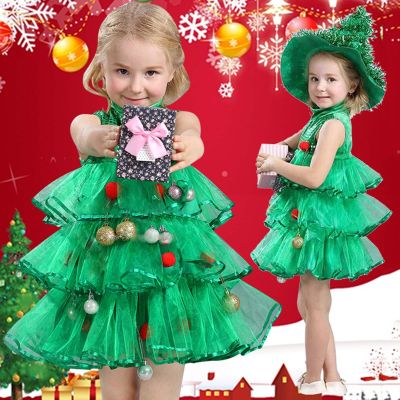 ชุดสำหรับสาวๆเด็กวัยหัดเดินเด็กเด็กสาวคอสเพลย์ต้นคริสต์มาสเครื่องแต่งกายชุดท็อปส์พรรคชุด + หมวกชุดสีเขียวเอลฟ์อนุบาล Performa