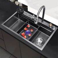 Waterfall Style Kitchen Sink Honeycomb Embossed Stainless Steel Sink Black Nano Multifunctional Large Single Sink