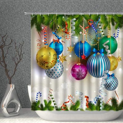 Merry Christmas Shower Curtain Colorful Xmas Balls Green Pine Branches Happy New Year Decor Fabric Bathroom Curtains with Hooks