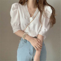 French Vintage V-Neck Puff Sleeve Lace Shirt Top MSBN320