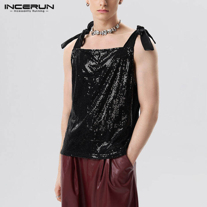 Incerun เสื้อกล้ามคอสี่เหลี่ยมแนวสปอร์ตฮิปปี้ผูกเสื้อยืดแขนกุดแฟชั่นของผู้ชายแวววาว สไตล์ตะวัน 2575