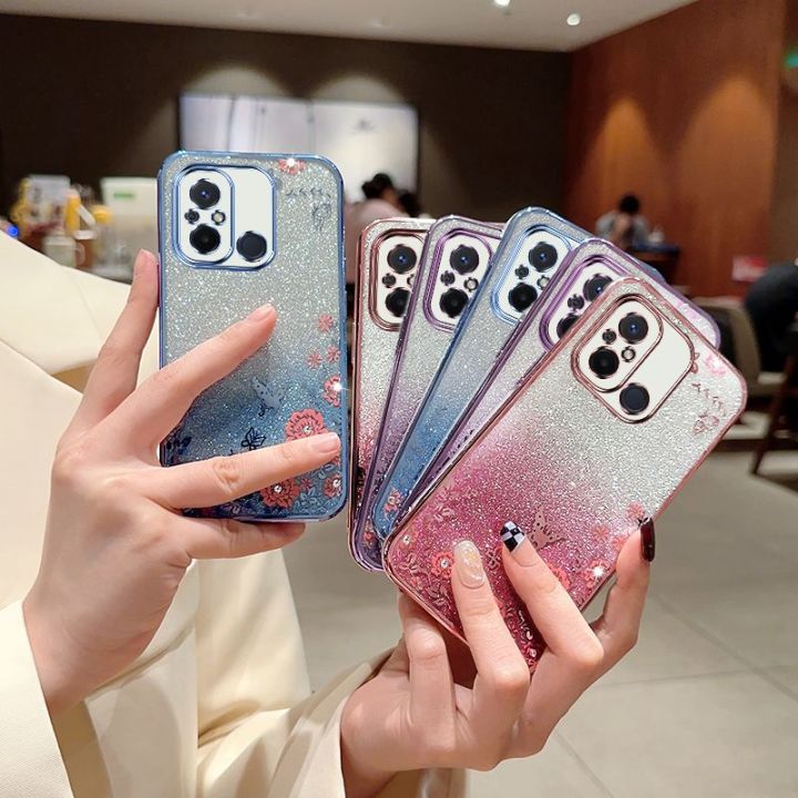 เคสกากเพชรสำหรับเรดมี่12c-12-10c-10a-9c-4g-redmi12-redmi12c-โทรศัพท์ซิลิโคน-tpu-ยืดหยุ่นฝาหลังอ่อนนุ่มเคสกันกระแทกมือถือแวววาวปกป้องผิวชุบลายดอกไม้ไล่ระดับสี