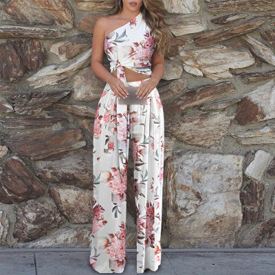 One Shoulder Florar Print 2 Pieces Womens Set Lace Up Sleelveless Tanks Wide Leg Pant Elegant Female Sets  Summer Lady Suit