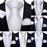 ✧☞ Elegent Mens Ties White Floral Hanky Cufflinks Set Silk Neckties Wedding Party Business Mens Tie 2023 New Fashion Brand Hi-Tie