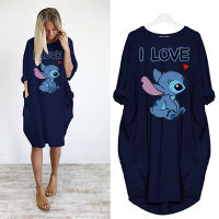 Stitch Dress Women Kawaii Cartoon Letter Pockets Dresses Spring Fall Loose Long Sleeve Casual Robe Femme Oversize Clothes