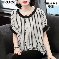 Summer new round neck short-sleeved striped chiffon top middle-aged ladies mother half-sleeved slim loose belly-covering shirt