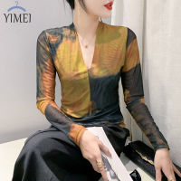 YIMEI เสื้อตะแกรงผ้าไหมน้ำแข็งใหม่สำหรับผู้หญิง,เสื้อเสื้อยืดย้อมสีกันแดดเข้ารูปพอดีแขนยาวสำหรับฤดูใบไม้ร่วง2023