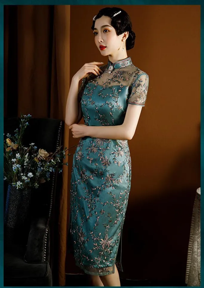 Embroidery Lace Qipao Dinner Dress Women 2023 High Grade Traditional Chinese  Bridal Dress Mesh Lace Mother-in-law Cheongsam Wedding Banquet Son Wedding  Mother Dress