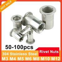 50/100pcs Stainless Steel Rivet Nut M3 M4 M5 M6 M8 M10 M12 Flat Head Round Body Knurled SUS304 Rivnut Cap Threaded Riveted Nuts