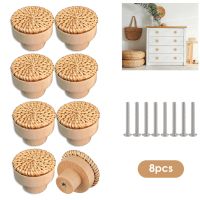 8Pcs Rattan Wood Door Knobs Furniture Cabinet Pulls Boho Decor Furniture Knobs Vintage Drawer Cabinet Wood Handles With Screws