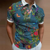 Mens Zip Polo Lapel Polo Polo Shirt Golf Shirt Flowers Prints Black White Yellow Pink Blue Outdoor Street Short Sleeves Zipper Print Clothing Apparel