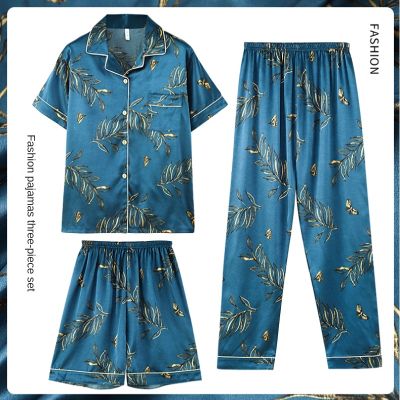 Fashion Summer Autumn 3 Piece Silk Men Pajamas Set Short Sleeve Shorts Oversize Homewear Lapel Collar Loungewear Pijamas for Man