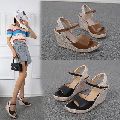 New summer wedges is bottom thick high-heeled sandals women straw rope at the end of a word buckle spot