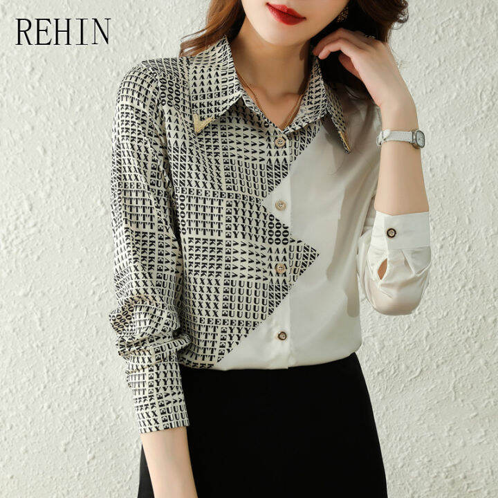 rehin-ผู้หญิงแฟชั่น-collision-ตัวอักษรเย็บเสื้อแขนยาว-elegant-lapel-ใส่ทำงานเสื้อชีฟอง